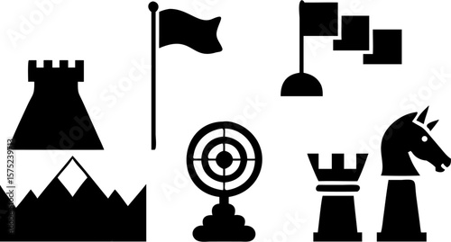 Illustration showing chess pieces, flags, a mountain peak and a target in black silhouette style