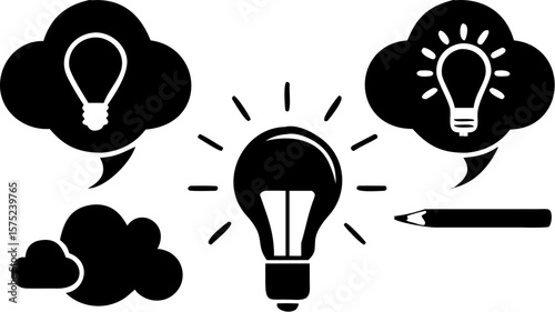 Illustration showing light bulbs in clouds and a pencil representing creative ideas and thoughts