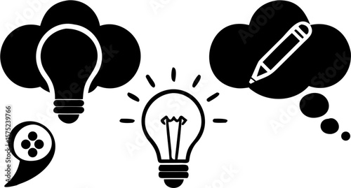 Three lightbulbs and a pencil inside of a cloud thought bubble in a black and white design