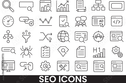 Collection of SEO, Digital Marketing, and Web Analytics Outline Icons