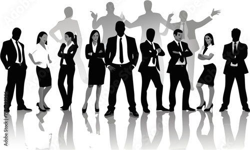 Silhouette of business professionals standing together with shadows behind them in black and white style