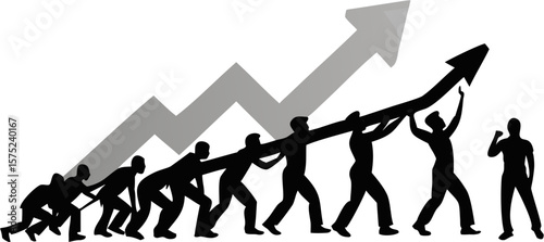 Teamwork makes the dream work as people collaborate to lift an arrow pointing upwards together now