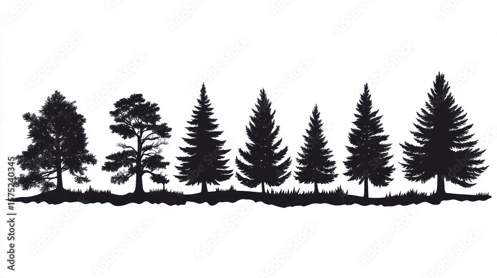 Obraz premium Silhouettes of various trees in a row. Simple woodland scene