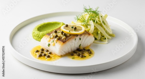 Fototapeta Naklejka Na Ścianę i Meble -  Delicious pan seared cod fillet elegantly plated with fennel salad and vibrant pea puree awaits tasting.