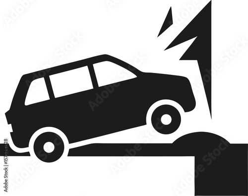 Car crashed into an obstacle icon in black flat design
