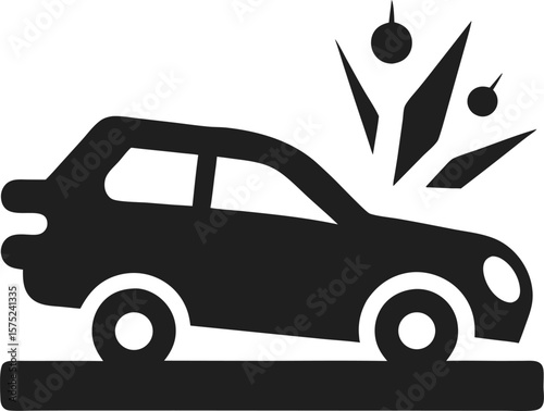 Car crashed into an obstacle icon in black flat design