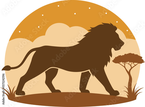 Walking Lion with Savannah Elements in Clean Vector Style