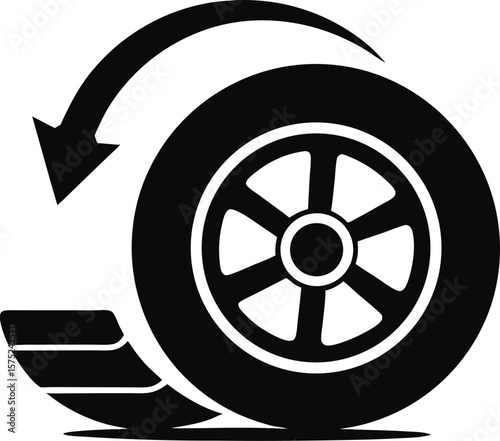 Person changing car tire icon, black silhouette, crouching with wrench, minimal mechanical clipart