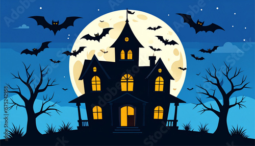 Spooky silhouette of a haunted house with bats flying in the night sky.