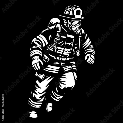 Brave Firefighter in Action Black and White Illustration of a First Responder