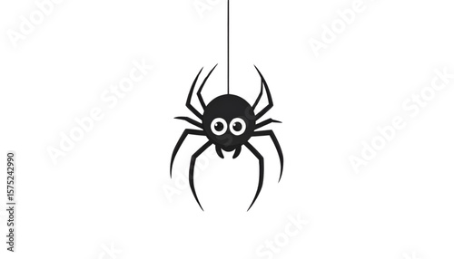 A simple black spider hangs from a single thread against a stark white background.