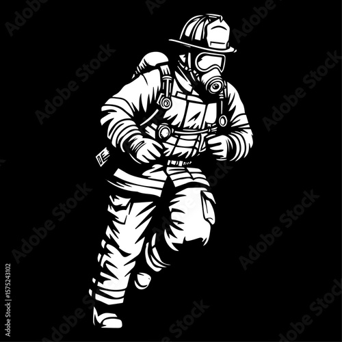 Courageous Firefighter in Action  High-Resolution Black and White Illustration