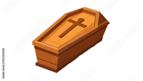 A wooden coffin with a cross on the lid, isolated on white background.