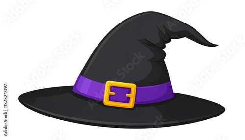 Cartoon illustration of a black witch hat with a purple band and gold buckle, isolated on white.