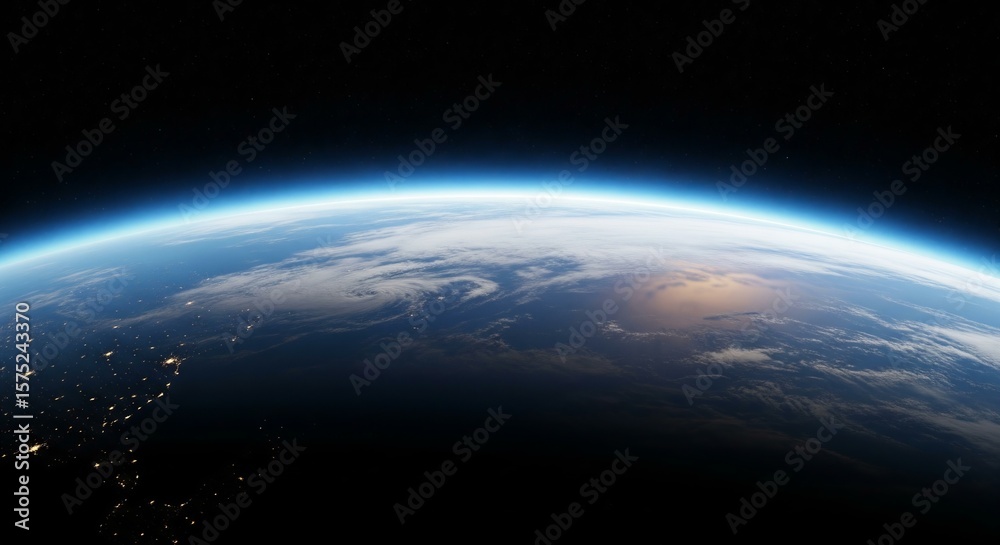 Obraz premium A hyper-realistic view of Earth with a vibrant, glowing blue line of atmospheric haze, conveying the fragility and beauty of our planet's air supply.