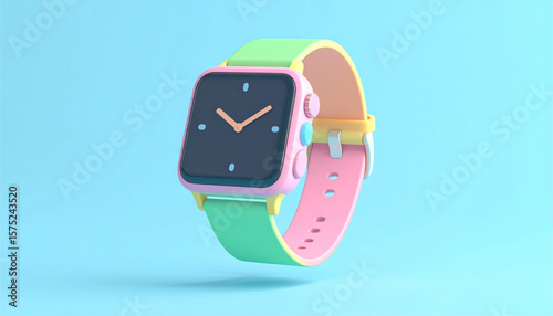 A colorful, stylized smart watch, isolated on a pastel blue background, showcasing its vibrant design elements.
