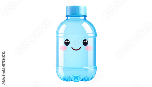 A light blue plastic water bottle with a smiling face and rosy cheeks on a white background.
