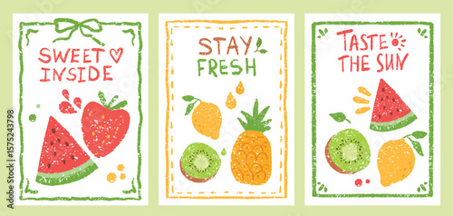 Set of colorful textured vector posters featuring summer fruits. Includes watermelon, kiwi, lemon, pineapple, and strawberry with motivational lettering