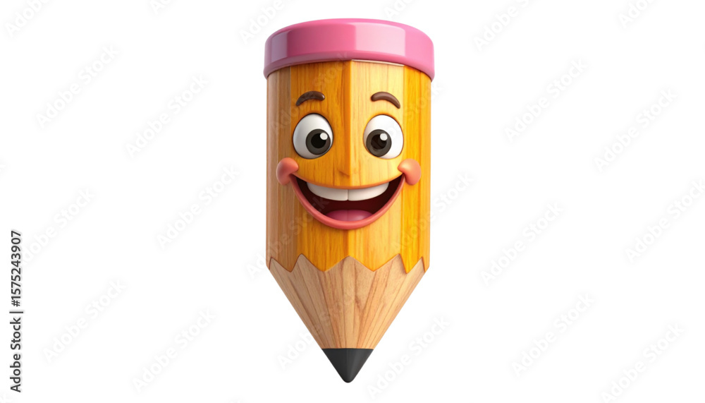 A cheerful, cartoon pencil with a wide smile and pink eraser. A cheerful, cartoon pencil with a wide smile and pink eraser.