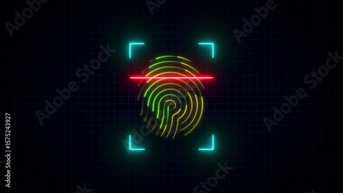 Neon finger print animation on black background. glowing fingerprint scanning icon motion. biometric scanner for identification 4k video footage. Abstract fingerprint design.