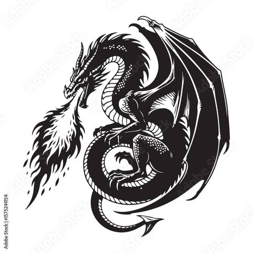 Dragon Silhouette Vector | Black Fantasy Fire Dragon Art. AI generator