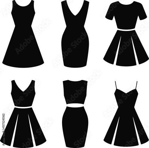 Six Black Dress Silhouettes Fashion Design Collection Various Styles Sleeveless V Neck Short