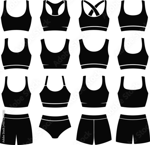 Sixteen Black Sports Bras and Four Black Bottoms Illustrations Various Styles Fitness Apparel