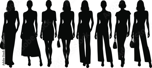 Eight Black Silhouettes of Women Fashion Models Walking in Dresses Pants and Carrying Handbags