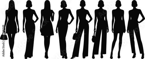 Eight Black Silhouettes of Women in Various Dresses and Pants Poses Holding Handbags Fashion