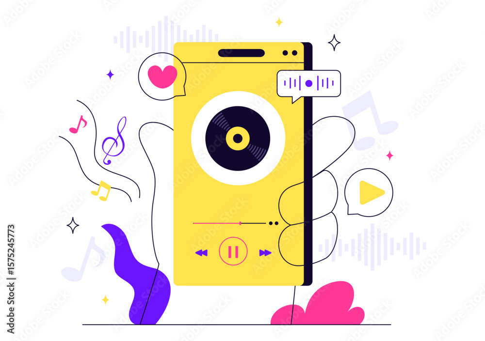 Obraz premium Viral Tunes Vector Illustration Featuring Songs that Became Popular with Sound Waves Equalizer, Voice Signal Circle, and Digital Visualization Sound