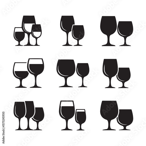 Collection of various black wine glasses in different sizes and styles
