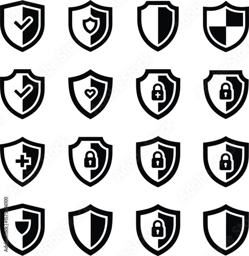 Sixteen Black And White Shield Icons Security Safety Privacy Check Mark Heart Lock Symbols