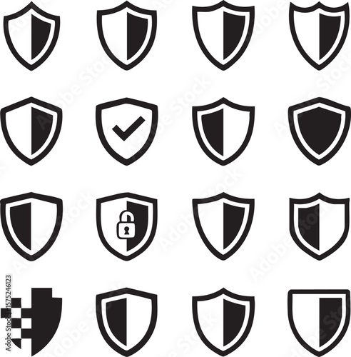 Collection of Black and White Shield Icons Security Symbols Set Graphic Design Elements