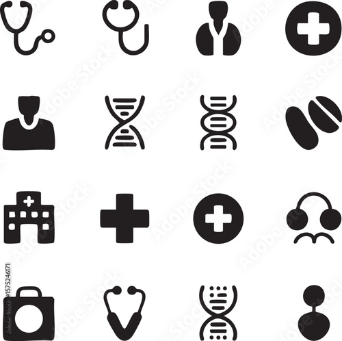 Black Medical Icons Set Healthcare Symbols Doctor Stethoscope D N A Pills Hospital Crosses