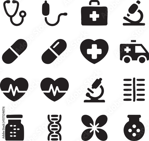 Black Medical Icons Set Healthcare Symbols Stethoscope Pills Heartbeat Ambulance Microscope D N
