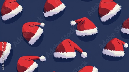 Festive pattern of Santa hats in various orientations against a dark blue background