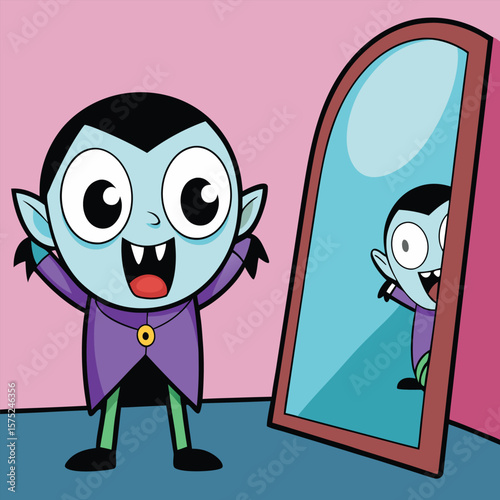 Cute Halloween Dracula Character Smiling in Front of Mirror