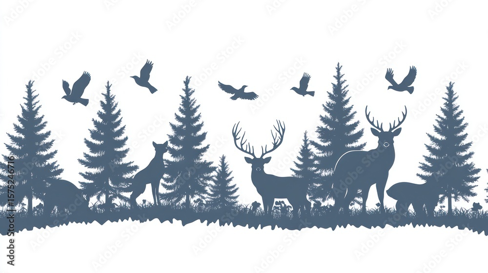 Obraz premium Wildlife scene with deer, birds, fox among pines, in silhouette