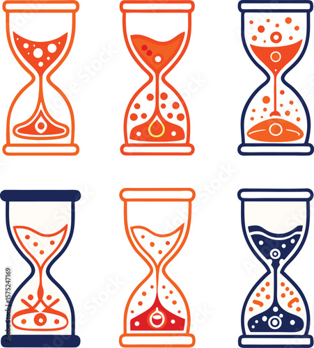 Collection of six stylized hourglasses with orange and blue colors silhouette