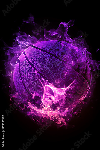 Purple basketball surrounded by vibrant swirling smoke effects on a dark background