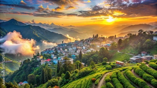 Panoramic view of Gangtok town surrounded by Himalayan mountains and lush green tea plantations at sunrise
