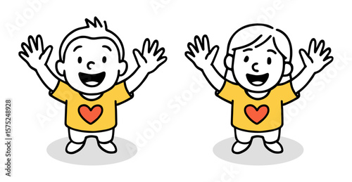 Expressive Boy And Girl Raised Arms with Heart Symbol. Smiling Face, Love, Care, Emotion or Charity Concepts. Hand-Drawn Doodle Style Vector Illustration