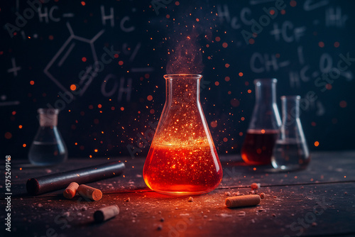 AI generated image of a glowing red chemical in a glass flask surrounded by sparks on a cluttered lab table with chalkboard equations in background