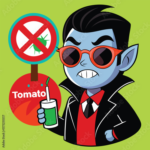 Cute cartoon Halloween Vampire Rejecting Tomato Juice with Funny Face