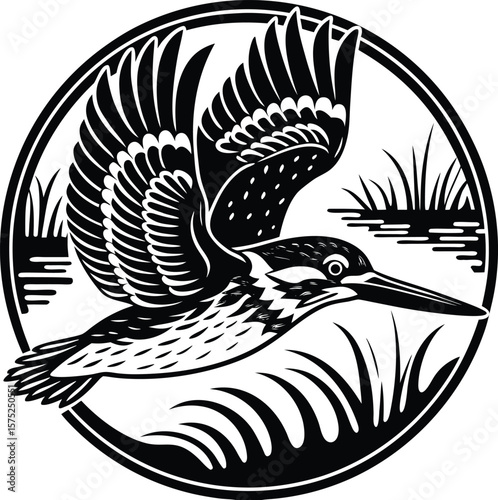 Stylised kingfisher in flight over reeds and water within a circle silhouette