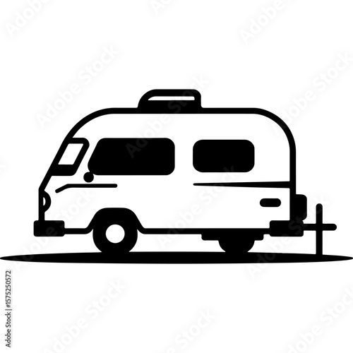 Sketchy emblem of trailer house on wheels. Engraving minimalistic vector in black ink drawing on transparent background