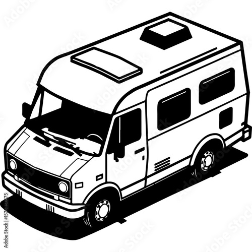Sketchy emblem of tourist van moving along desert road top view in isometric. Engraving minimalistic vector in black ink drawing on transparent background