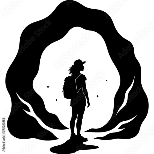 Sketchy emblem of girl tourist enchanted looks into the passage to the cave. Engraving minimalistic vector in black ink drawing on transparent background
