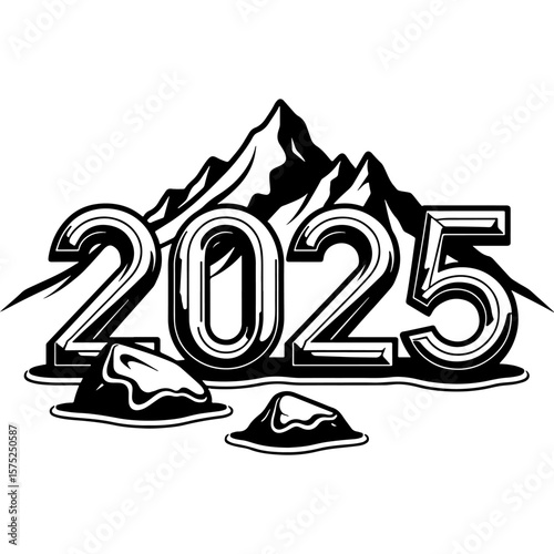 Sketchy emblem of the inscription 2025 against the background of a mountain glacier. Engraving minimalistic vector in black ink drawing on transparent background