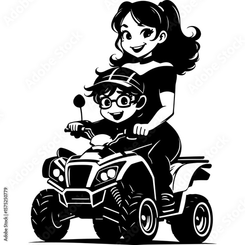 Sketchy sport emblem of Mother and child riding a toy quad bike. Engraving minimalistic vector in black ink drawing on transparent background